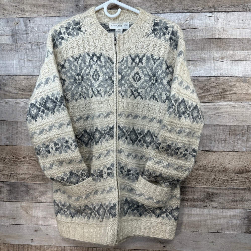 Jones New York Womans Petite VTHFair Isle Wool Blend Zip Cardigan Sweater Ivory